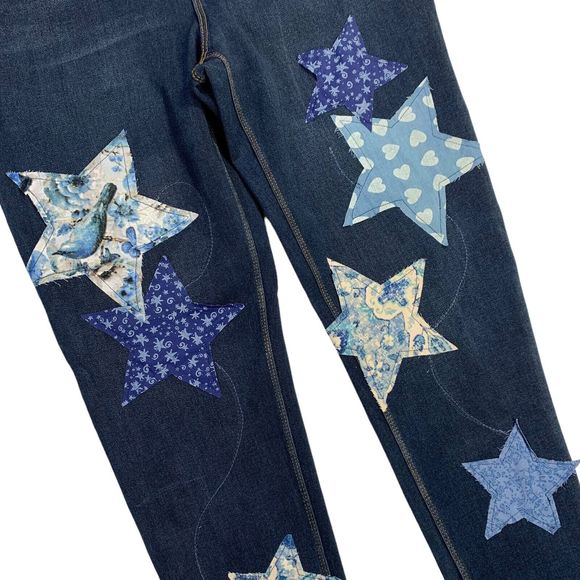 Peter Nygard Jeans Patched Boho Blue Stars Skinny Star Studs Womens Medium - Picture 3 of 12